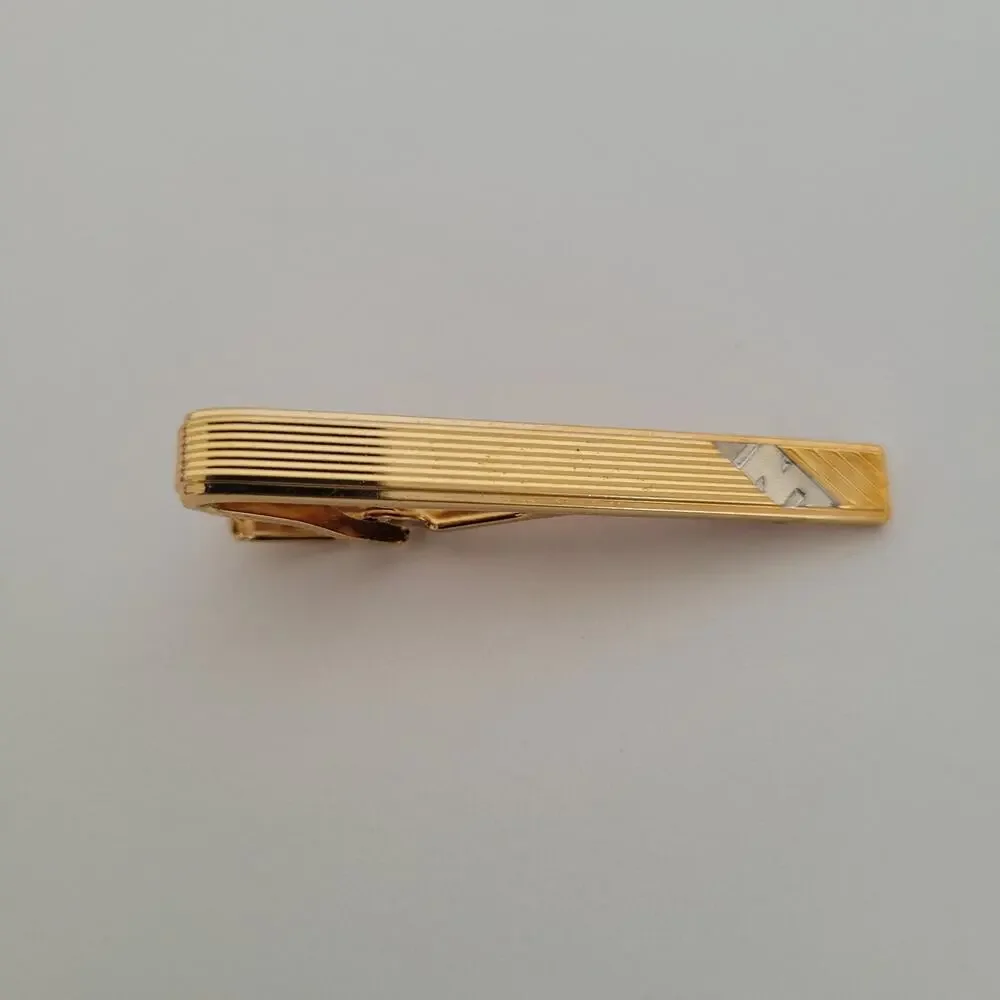 Nina Ricci French Tie Bar Clip Cufflinks Set Gold Silver Tone Logo Two Tone Box